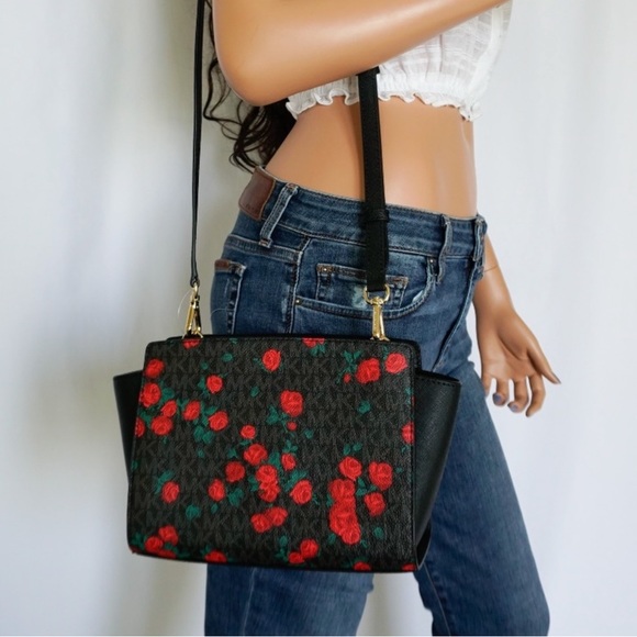 MICHAEL KORS MEDIUM SELMA 🌹 ROSE PRINT BLACK LOGO MESSENGER CROSSBODY BAG NWT - Picture 2 of 13
